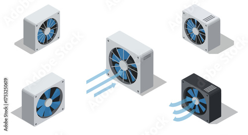 Isometric air conditioner units with cooling arrows in flat design