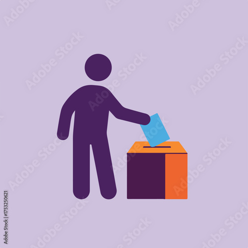 A purple figure places a blue ballot into an orange and purple ballot box