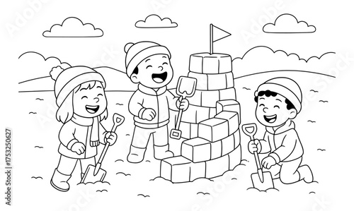 Children building snow fort with shovels in winter landscape