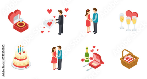 Romantic isometric icons for valentine's day: love, gifts, and celebration