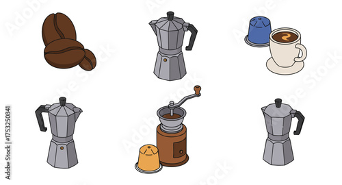 Isometric coffee set with moka pot, grinder, capsules, and cup