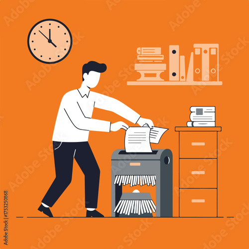 Man shredding documents in an office with a clock and filing cabinets