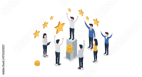 Celebration of success: isometric team applauding star performer with golden…