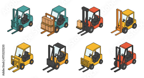 Set of isometric forklifts in various colors and configurations