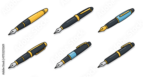 Set of colorful fountain pens in cartoon style perfect for stationery designs