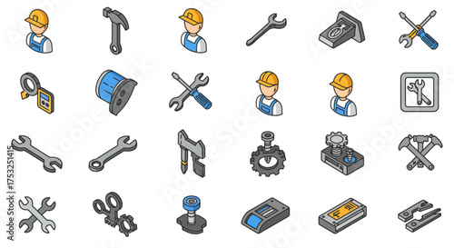 Isometric icons of industry tools and construction workers for maintenance an…