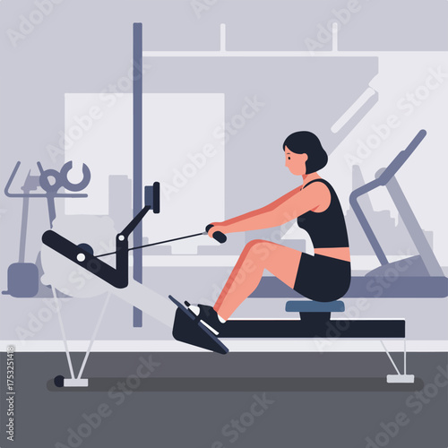 Woman exercising on a rowing machine in a gym