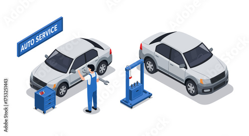 Isometric auto repair scene with mechanic, cars, and tools in a service garage
