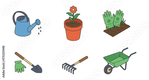 Colorful gardening tools and plants set for home garden enthusiasts