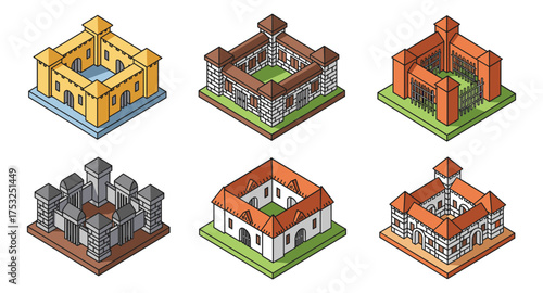 Isometric medieval castles collection showcasing architectural diversity