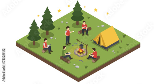Isometric camping scene with tent and campfire in pine forest