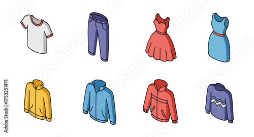 Isometric clothing collection: t-shirts, jeans, and dresses in vibrant colors