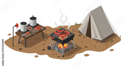 Isometric camping scene with barbecue grill and tent in outdoor setting