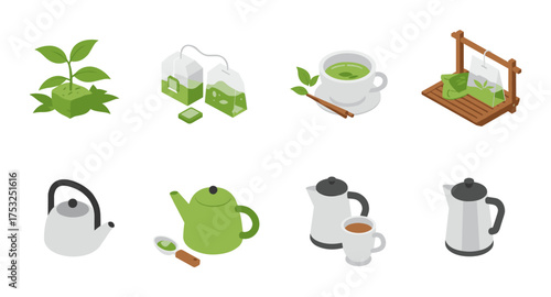 Isometric tea set with green and white teapots, cups, and accessories