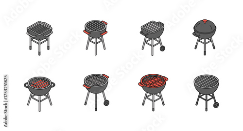 Diverse outdoor grill designs in isometric style for barbecue enthusiasts