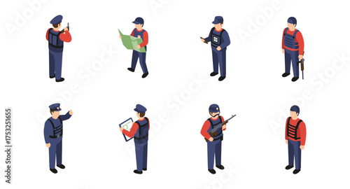 Isometric security officers: police and military personnel in action