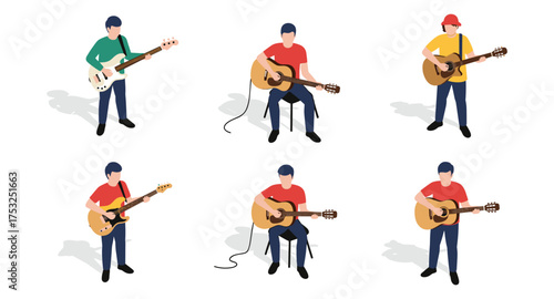 Isometric musicians playing acoustic and electric guitars set