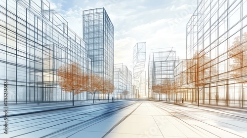 Wireframe of city streets with visible buildings and trees, for architectural use