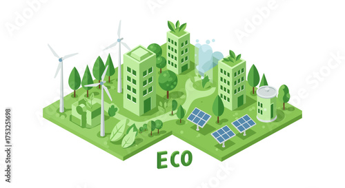 Sustainable eco city with renewable energy and green architecture in isometri…