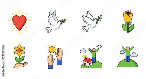Peace and happiness icons featuring doves, heart, and flowers in minimalist flat style