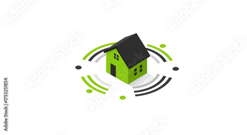 Isometric green house with circular geometric elements on white background