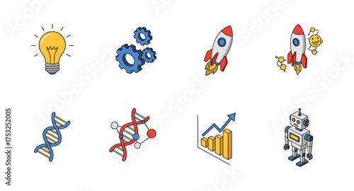 Colorful line icons: technology, innovation, science, and robotics in modern design