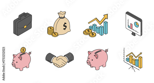 Isometric business and finance icons featuring money, piggy banks, and graphs for financial success