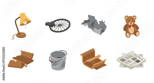 Collection of broken everyday objects: lamp, wheel, toy, and more