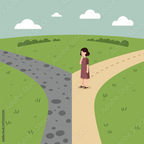 Woman contemplates two paths, one rough, one smooth, amidst a grassy landscape