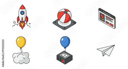 Colorful isometric icons of rocket, balloon, paper plane, and dashboard elements