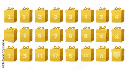 Golden gift box advent calendar with numbers for holiday countdown