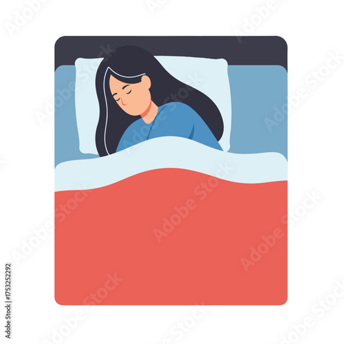 Peaceful woman asleep in bed, covered by blankets, with dark hair