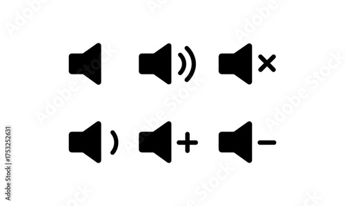 Audio icon set with volume, mute, plus, and minus symbols in simple black silhouette style