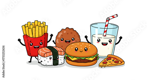 Cute kawaii fast food characters with happy faces and playful expressions