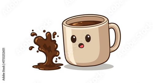 Adorable coffee cup with spilled splash: cute cartoon design for cafes and be…