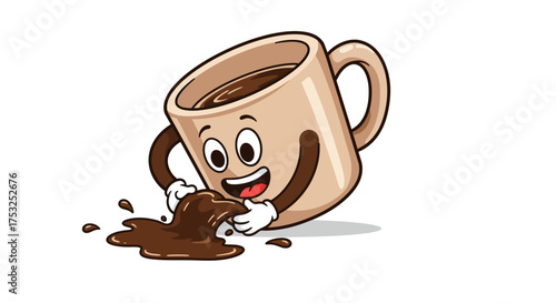 Cheerful cartoon coffee cup spilling drink with happy expression