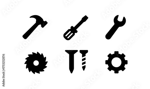 Simple black tool icons set: hammer, screwdriver, wrench, gear, saw blade, screws