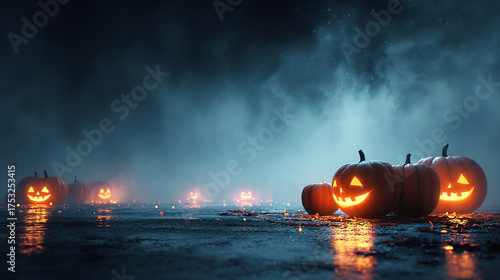 Glowing jack-o'-lanterns on dark wet ground with eerie foggy background