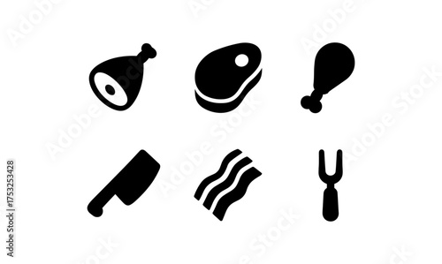 Silhouette meat icons collection: ham, steak, bacon, cleaver, drumstick