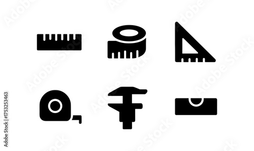 Silhouette icons of measurement tools: ruler, tape, caliper, square, level
