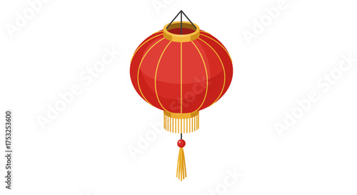 Isometric red lantern with golden accents and tassel on white background
