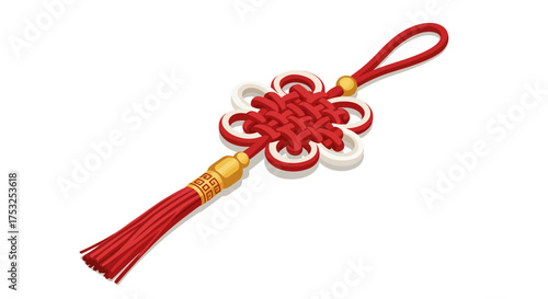 Traditional chinese knot decoration with red tassel and golden beads