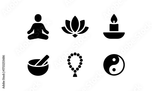 Minimalist yoga icons: meditation, lotus, candle, singing bowl, mala, yin yang