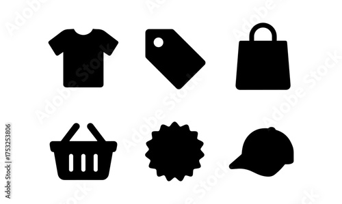 Essential shopping icons set: t-shirt, bag, tag, basket, badge, cap - bold silhouette style