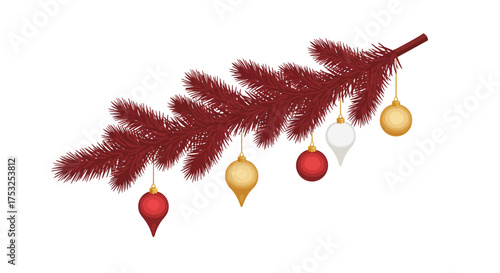 Festive pine branch with colorful baubles in modern design