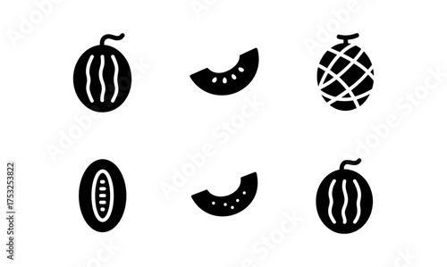 Silhouette icons of melons and slices on white background
