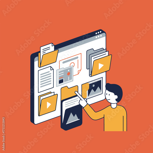 Person interacts with a digital interface showing files and folders