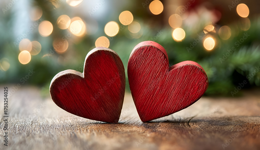 Fototapeta premium Two intertwined wooden hearts on a rustic table, symbolizing love and connection with a blurred festive background.