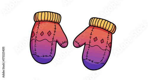 Colorful cartoon winter mittens with gradient and stitching design
