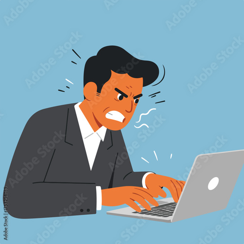 Furious man in suit typing on laptop, red face, clenched teeth, steam